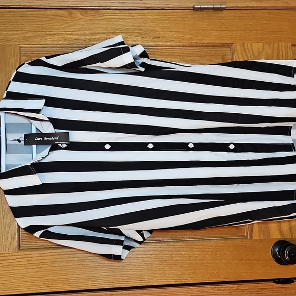 NWT Lars Amadeus Mens Stripe Short Sleeved White & Black Button Down Shirt XL - Picture 2 of 6